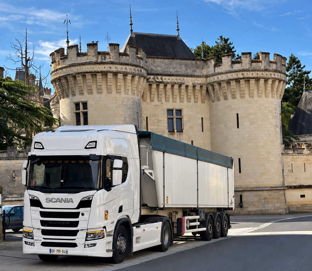 Camion Scania et benne céréalière devant un bâtiment en pierre